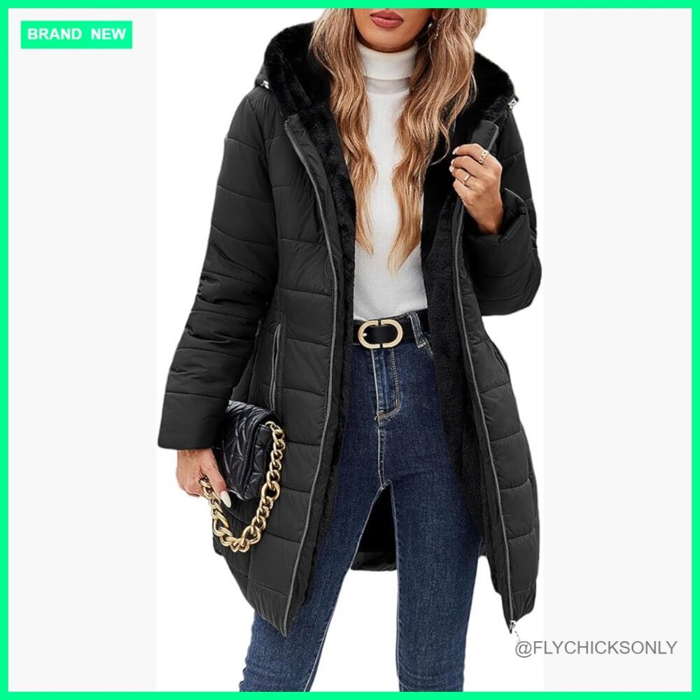Women's Winter Fleece Warm Windproof Slim Fit Long Down Jacket Hooded